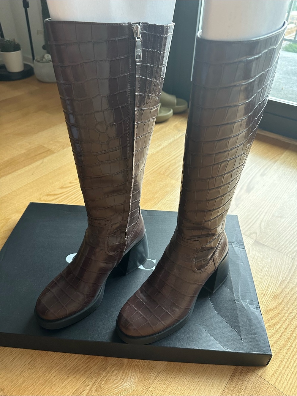 Coach Crocodile-Embossed Heeled Boots in Brown NWT